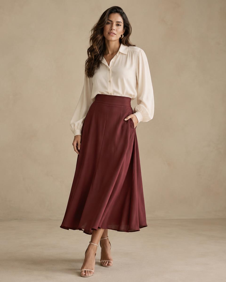 Mulher vestindo blusa off-white e saia midi vinho