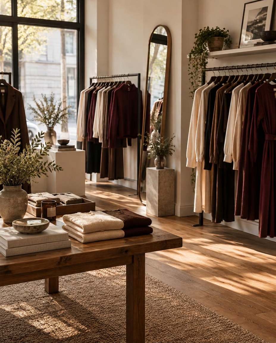 Ambiente de boutique com araras de roupas em tons neutros e vinho