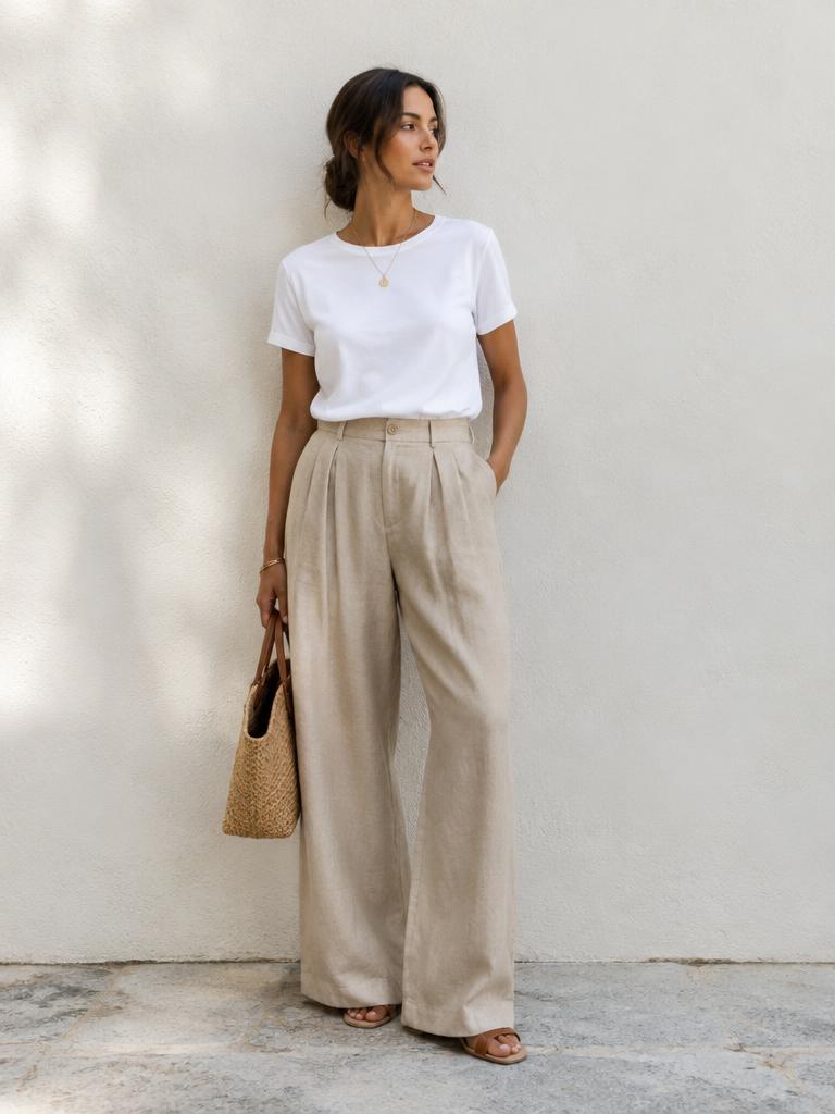 Look feminino com calça de linho areia e camiseta branca