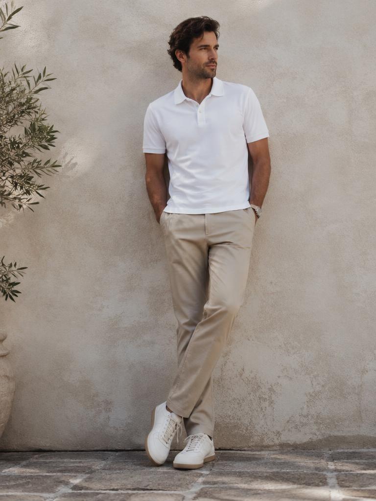 Polo branca com calça chino areia